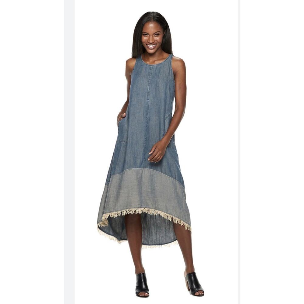 Hope & Harlow Denim Chambray Dress Linen blend Midi fringe high low hem sz 6